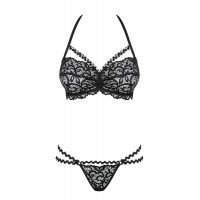 Комплект мережива Obsessive Joylace з вкрапленнями перлин, чорний, L/XL