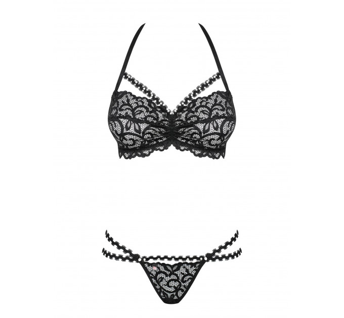 Комплект кружевной Obsessive Joylace с вкраплениями жемчужин, черный, L/XL
