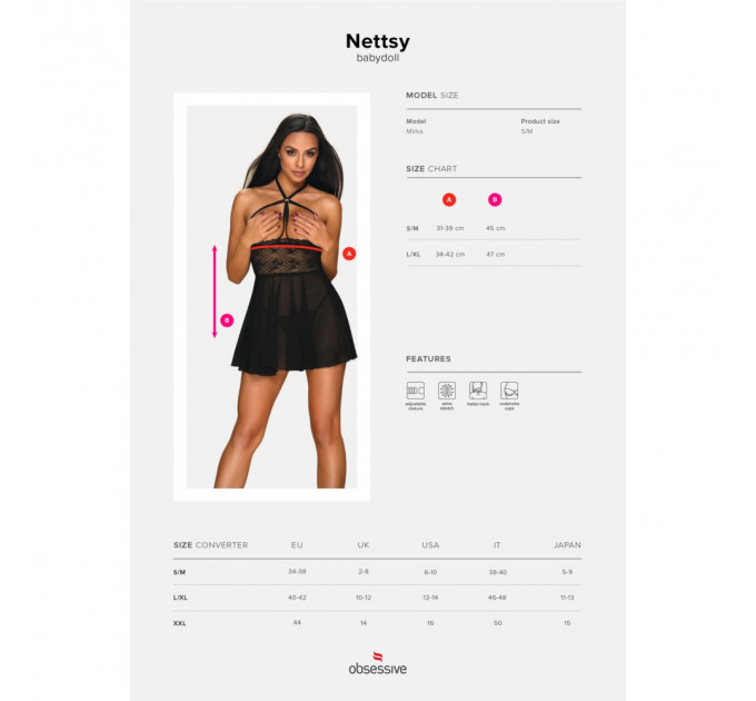 Пеньюар Obsessive Nettsy с открытой грудью, черный, S\M