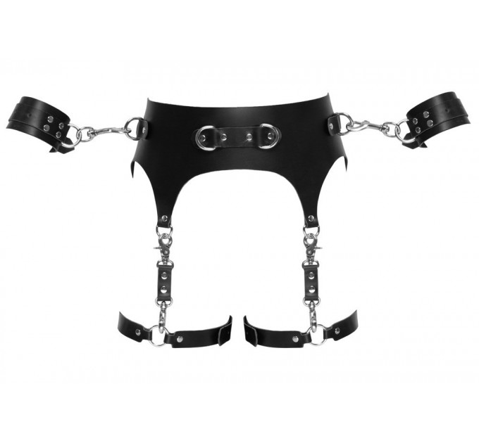 Пояс кожаный с гартерами ZADO FETISH и фиксаторами-наручниками, черный, S/M