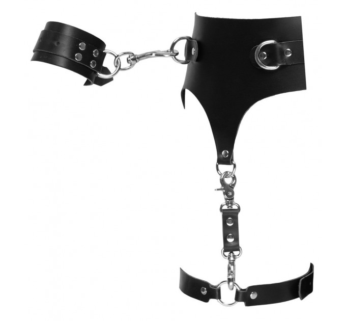Пояс кожаный с гартерами ZADO FETISH и фиксаторами-наручниками, черный, S/M
