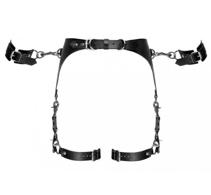 Пояс кожаный с гартерами ZADO FETISH и фиксаторами-наручниками, черный, S/M