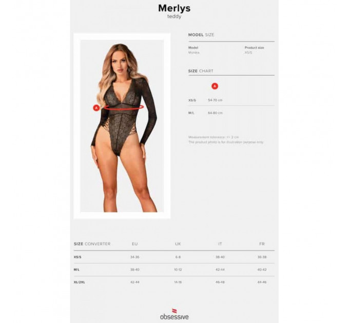 Сексуальное ажурное боди с рукавами Obsessive Merlys teddy M/L