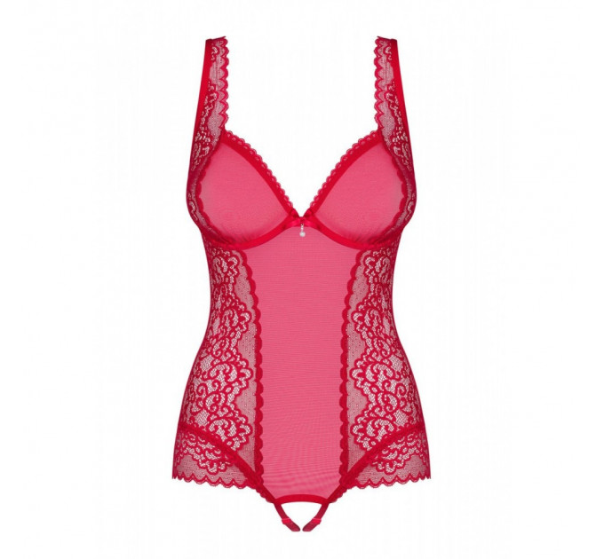 Боди с кружевными вставками Obsessive Rougebelle и открытым доступом, красный, S/M