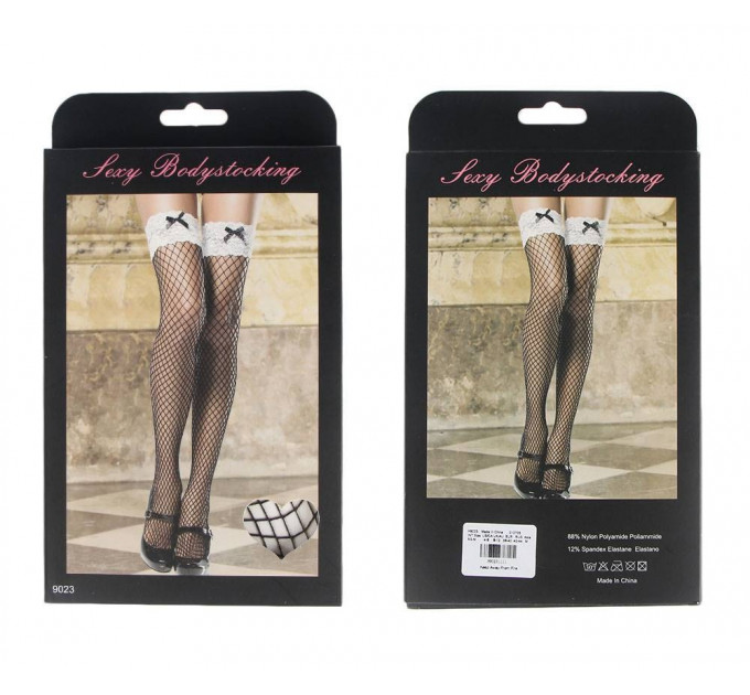 Чулки черные в сетку с белым ажурным верхом Star Night Sexy Stocking