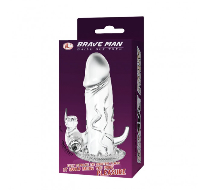 Насадка на член Baile Brave Man с вибрацией, прозрачная, 18 х 4 см