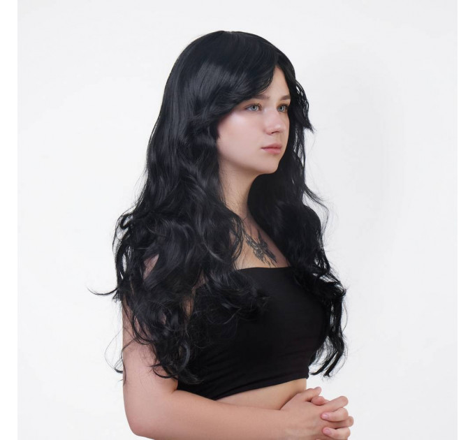 Парик длинный волнистый с челкой Fetish Hair черный, 60 см