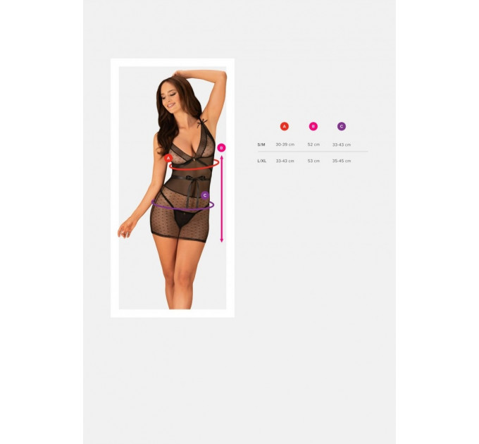 Пеньюар в горошек с атласной лентой Obsessive Bowessa черный, S/M