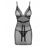 Пеньюар горошок з атласною стрічкою Obsessive Bowessa чорний, S/M