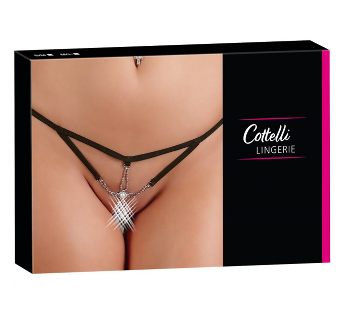 Стринги сексуальные Cottelli Collection Starfish с декоративными бусинами и жемчужиной, черные, S/M
