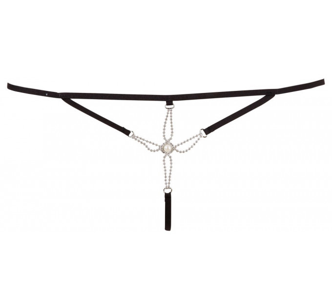 Стринги сексуальные Cottelli Collection Starfish с декоративными бусинами и жемчужиной, черные, S/M