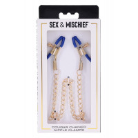 Золотисті затискачі для сосків Sex & Mischief Cougar Chained із синіми наконечниками