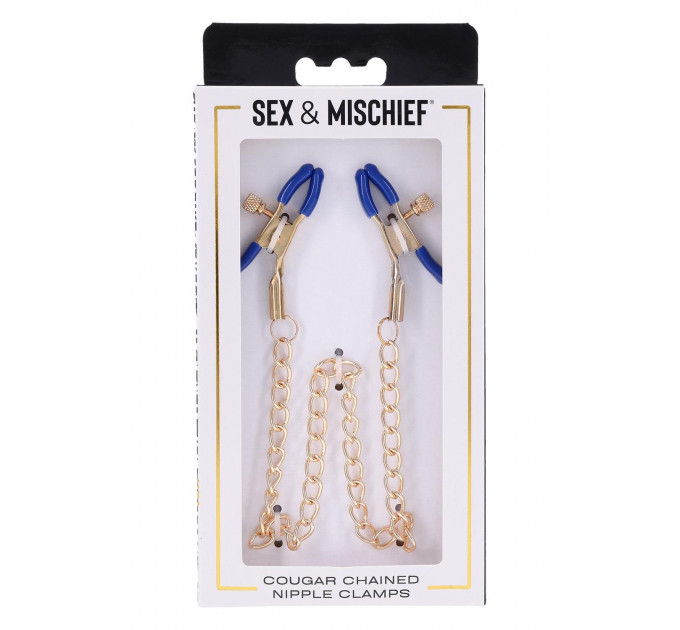Золотисті затискачі для сосків Sex & Mischief Cougar Chained із синіми наконечниками