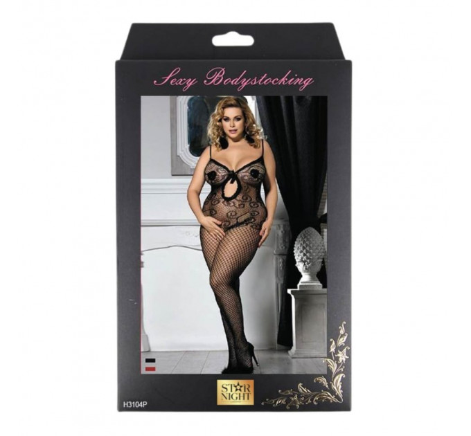 Бодистокинг сеткой и с ажурными вставками Star Night черный, L-2XL(Plus Size)