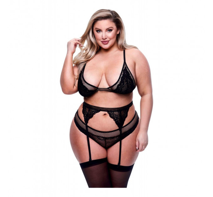 Комплект белья и пояс для чулок 3PC LACE & MESH BRA, GARTER & PANTY SET BLACK, QUEEN