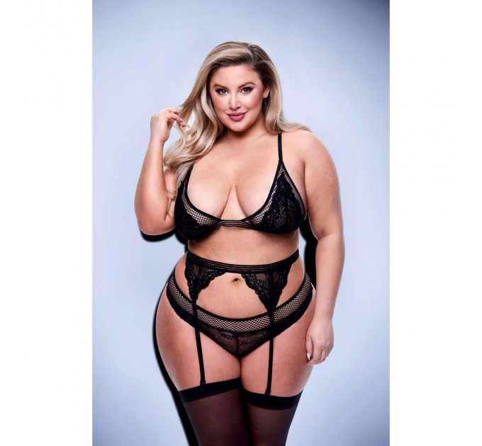 Комплект белья и пояс для чулок 3PC LACE & MESH BRA, GARTER & PANTY SET BLACK, QUEEN