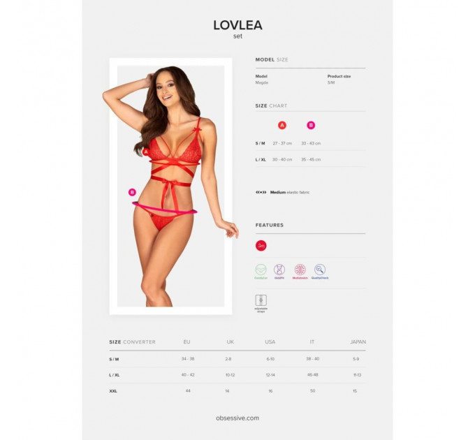Комплект кружевной Obsessive Lovlea с лентами, красный, L/XL