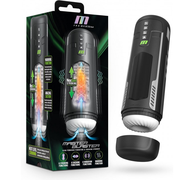 Мастурбатор з вібрацією, функцією посмоктування Blush Master Blaster та підігрівом, у чорній колбі