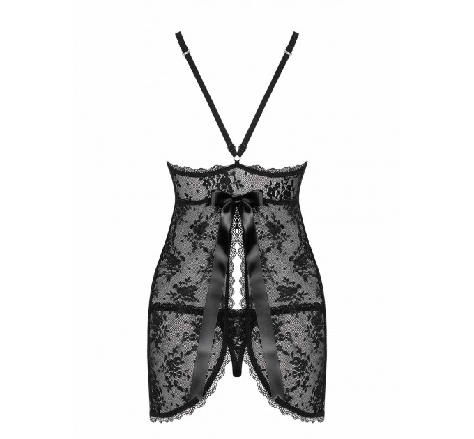 Сорочка Obsessive из цветочного кружева с открытой попой, черный, L/XL