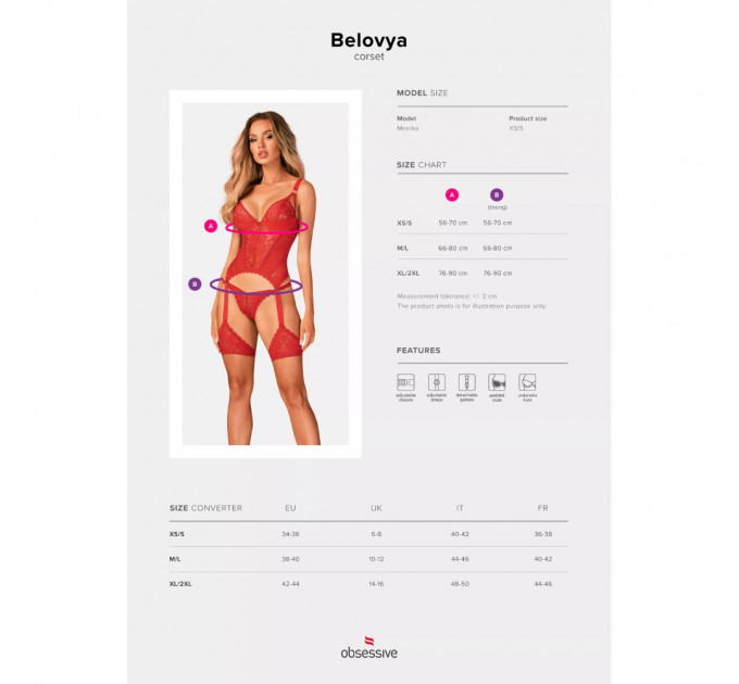 Корсет кружевной Obsessive Belovya, с гартерами и трусиками, красный, M/L