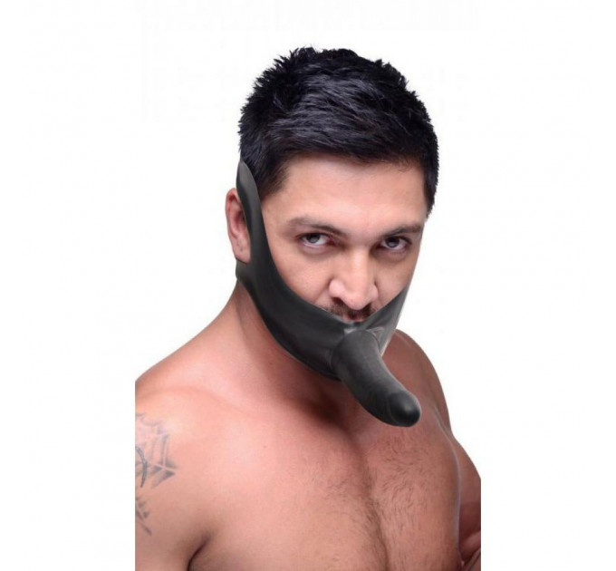 Страпон на голову Face Fuck Strap On Mouth Gag із чорного латексу