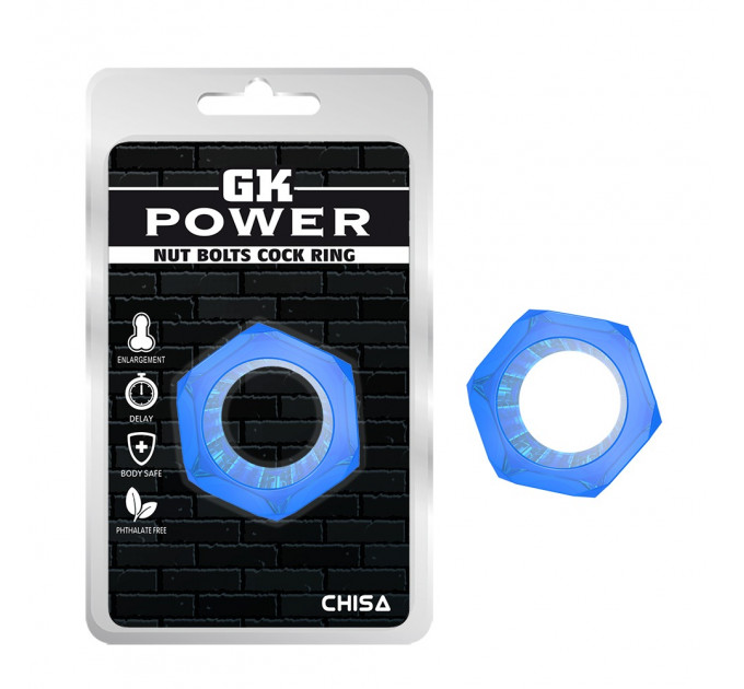 Кільце ерекційне Chisa GK Power Nust Bolts Cock Ring у вигляді болта, синє