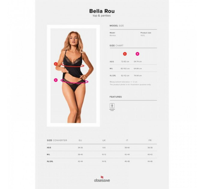 Комплект с кружевной отделкой Obsessive BELLA ROU, черный, XS/S