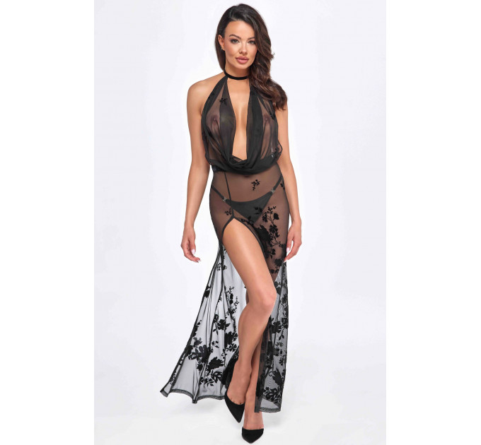 Платье длинное Divinity F312 Noir Handmade, с глубоким декольте, черное, размер S