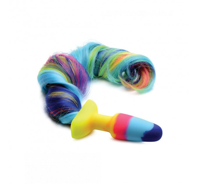 Анальная радужная пробка XR brands Rainbow Unicorn Anal Plug With Tail с хвостом