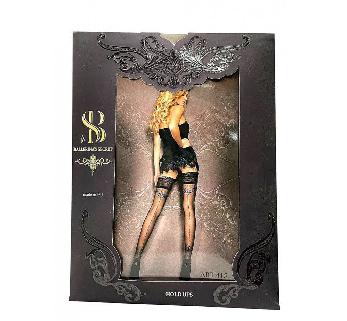 Прозрачные черные чулки Ballerina's Secret с узором, кружевным верхом и задним швом, L/XL