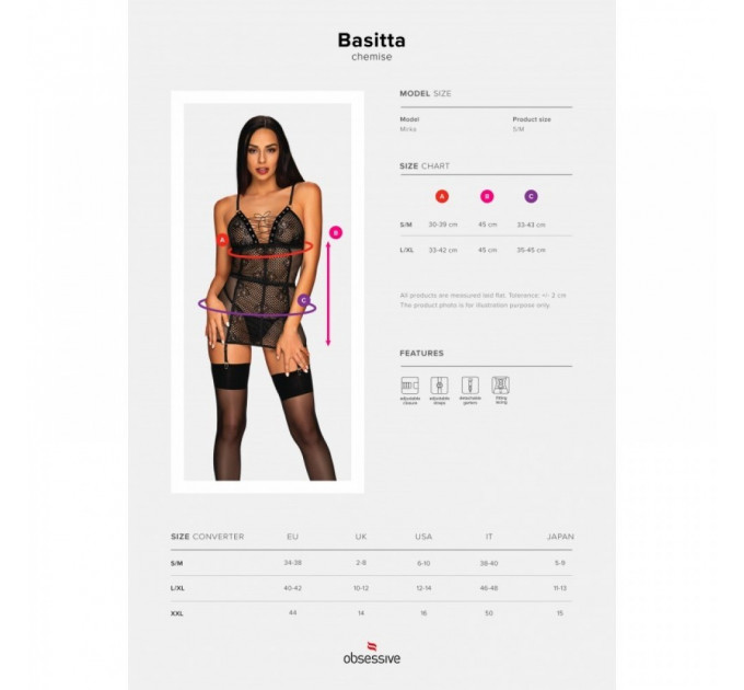 Пеньюар в сеточку Obsessive Basitta со шнуровкой, стринги в комплекте, черный, L/XL