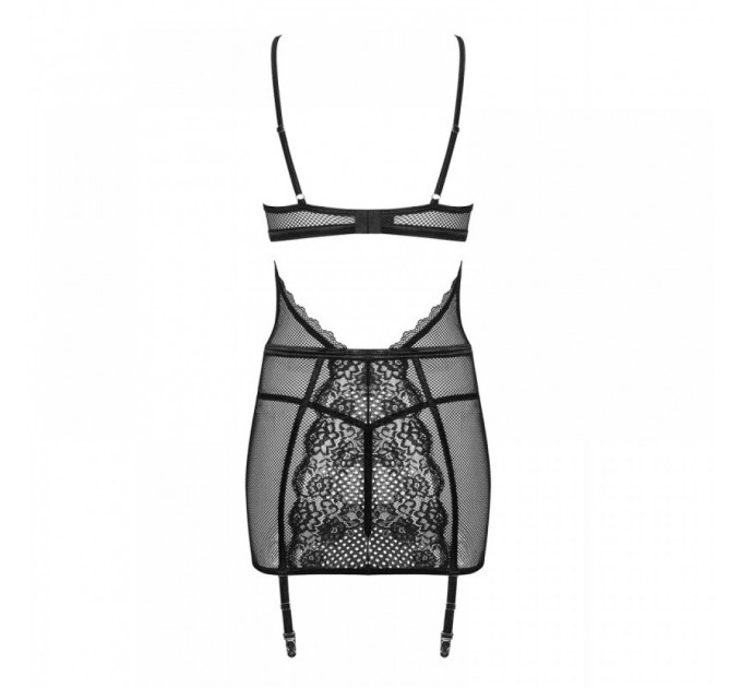 Пеньюар в сеточку Obsessive Basitta со шнуровкой, стринги в комплекте, черный, L/XL