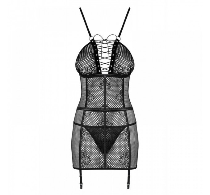 Пеньюар в сеточку Obsessive Basitta со шнуровкой, стринги в комплекте, черный, L/XL