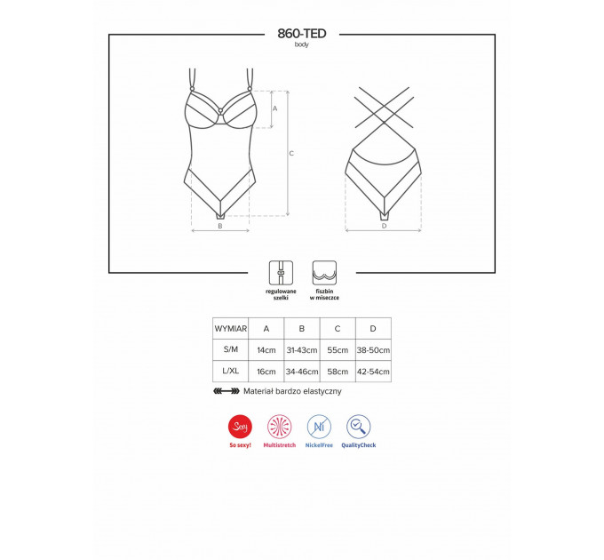 Боди c чашечками на косточках Obsessive 860-TED - 1, черный, L/XL