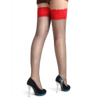 Панчохи еротичні в сіточку Star Night Fishnets, чорні з червоним мереживом