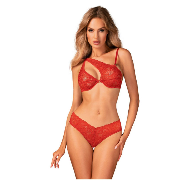 Комплект кружевной Obsessive Atenica c ассиметричным дизайном бюстье, красный, XS/S