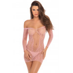 Платье Rene Rofe Lingerie в мелкую сетку, с длинными рукавами и открытыми плечами, розовое, S/M