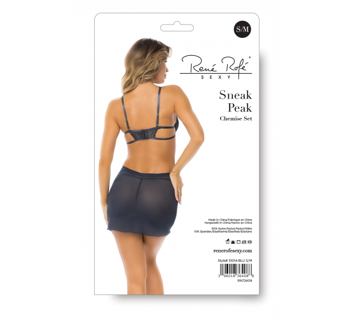 Пеньюар Rene Rofe Lingerie полупрозрачный, с кружевными элементами, лиф на косточках, синий, S/M