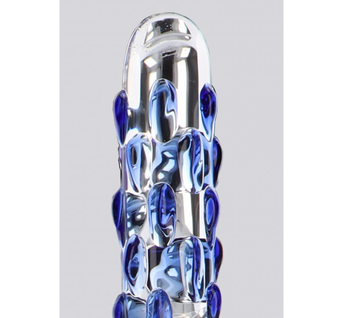 Фаллоимитатор стеклянный с рельефом Diamond Dazzler прозрачный с голубым, 18 см х 3.5 см