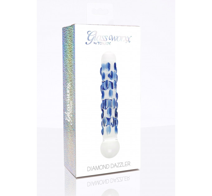 Фаллоимитатор стеклянный с рельефом Diamond Dazzler прозрачный с голубым, 18 см х 3.5 см