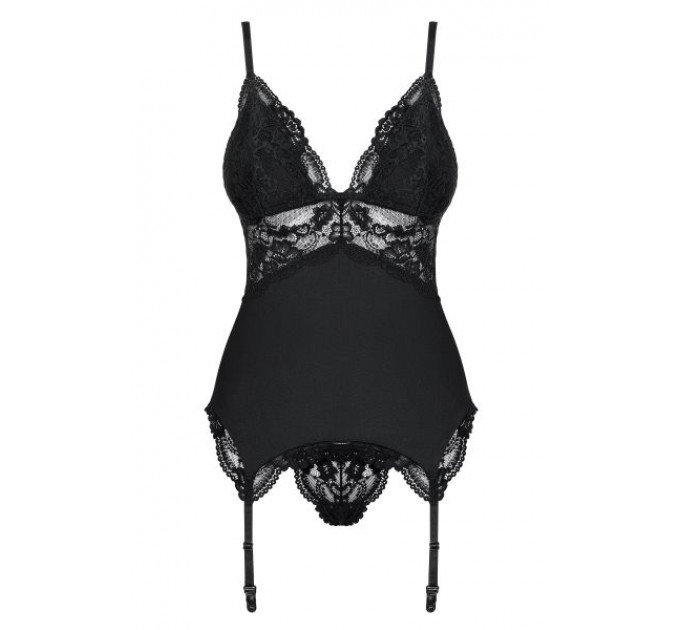 Корсет Obsessive 810-COR-1 с кружевом и пажами для чулок, черный, L/XL