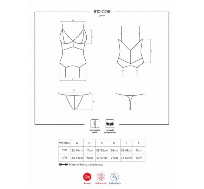 Корсет Obsessive 810-COR-1 с кружевом и пажами для чулок, черный, L/XL