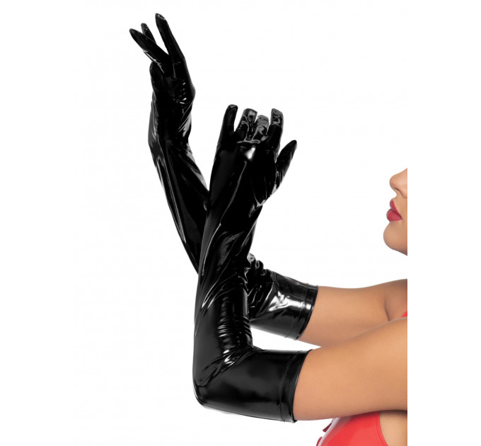 Рукавички сексуальні розміру S Stretchy Vinyl Opera Length Gloves від Leg Avenue, вінілові, чорні