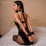 Распорка для бондажа с поножами и ошейником Lockink, натуральная кожа и металл, черная, 55-100 см