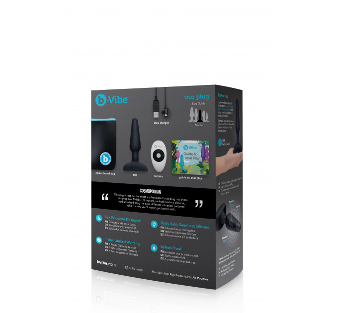 Анальна пробка із 3 моторами B-Vibe - Trio Remote Control Butt, чорна