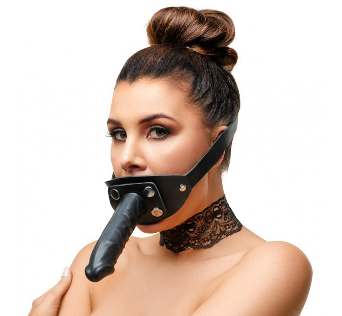 Кляп ZADO FETISH с регулируемым черным кожаным ремешком на голову и съемным внешним фаллоимитатором