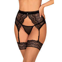 Пояс для чулок кружевной Obsessive Isabellia, с бантиком, черный, L/XL