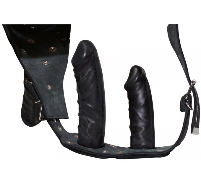 Страпон ZADO Fetish зі шкіри з трьома фалоімітаторами, чорний, розмір S/M