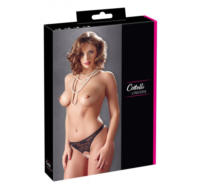 Трусики кружевные Cottelli Collection с открытым доступом и жемчугом, черные, размер S