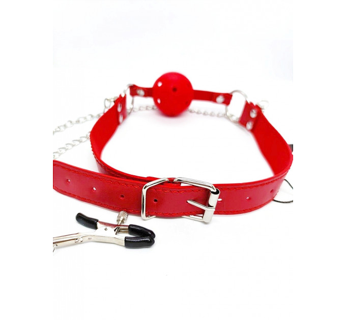 Кляп DS Fetish Ball gag with nipple clamps red